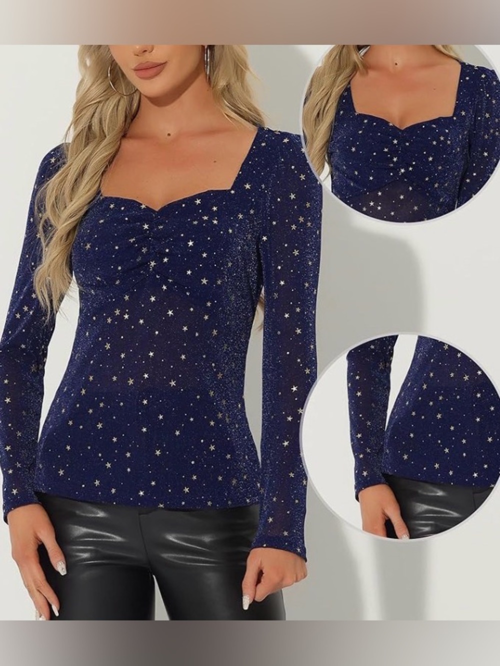 Allegra K Sheer Mesh Star Sweetheart Neck See Through Party Glitter Blouse SizeL - Picture 2 of 12